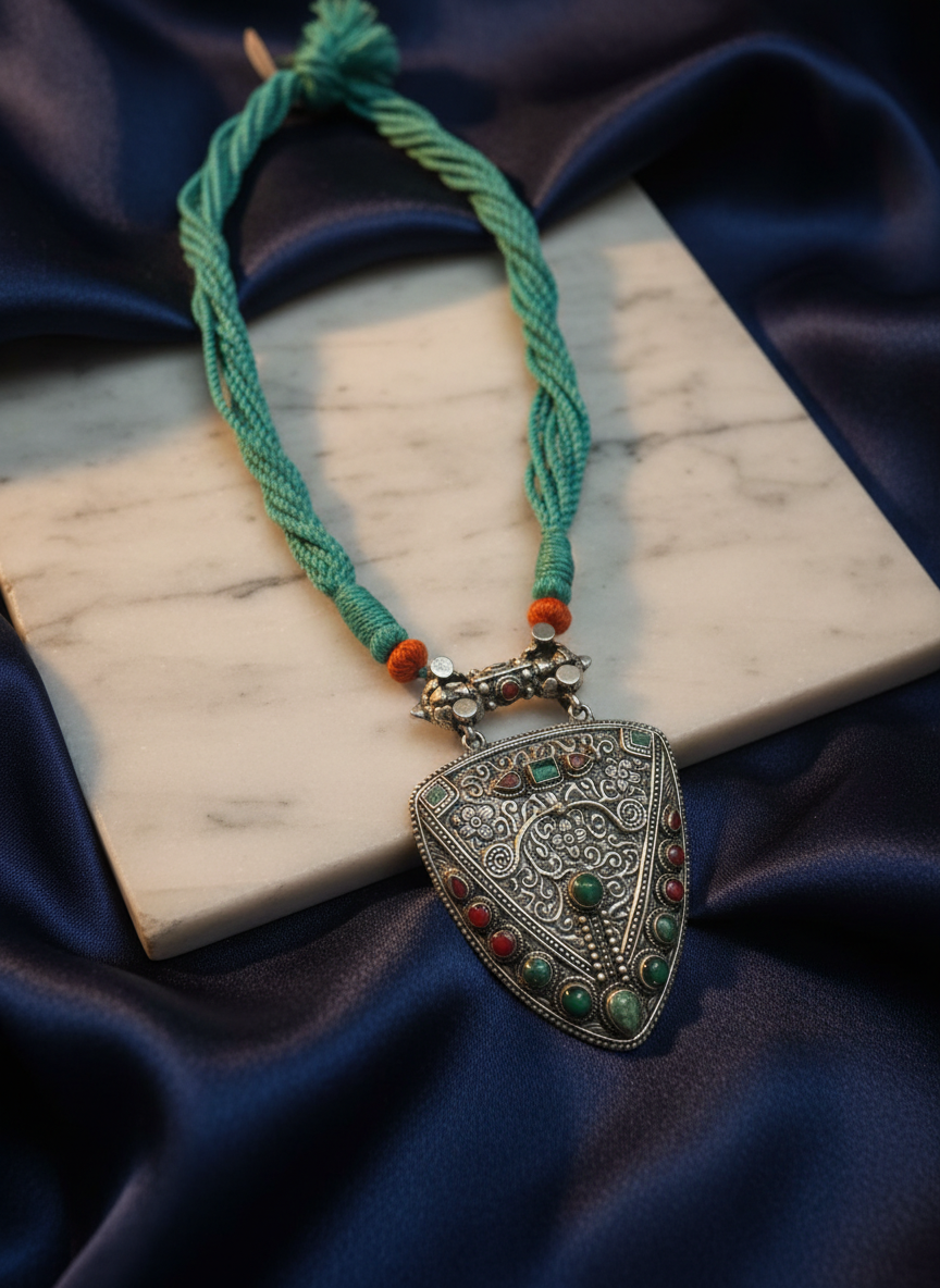 KrishnaCrafts Sterling Silver Handcrafted Tribal Antique Silver Statement Pendant Necklace