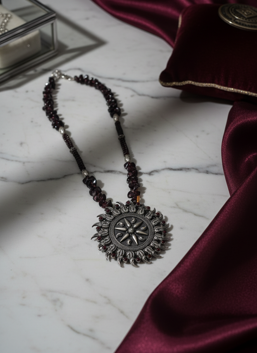 Krishnacrafts Sterling Silver Sunburst Garnet Statement Necklace