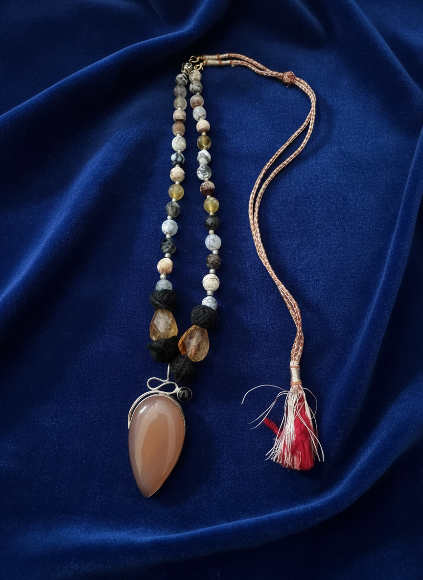 KrishnaCrafts Handcrafted Sterling Silver Pendant Set in natural stone set in Silver encased designed box with colorful Bead Mala