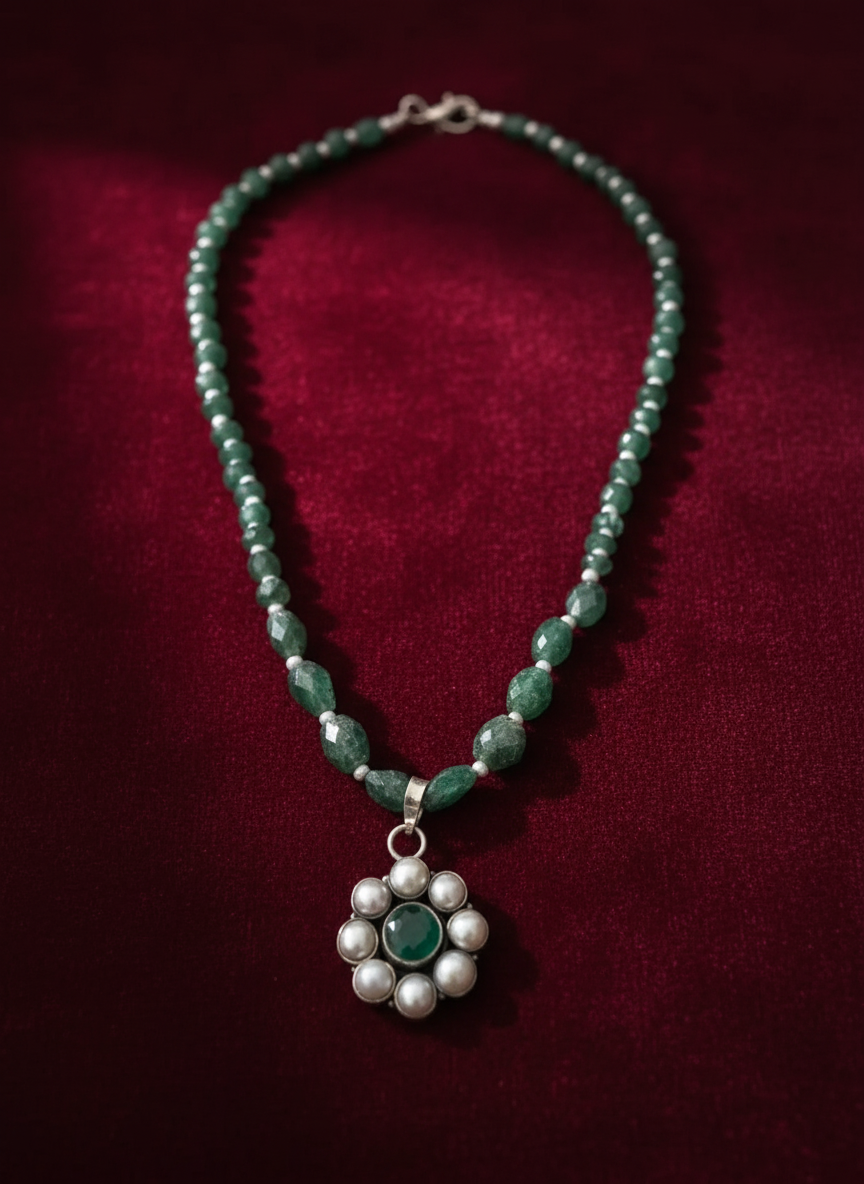 KrishnaCrafts Handcrafted Sterling Silver Emerald Bloom Pendant Necklace