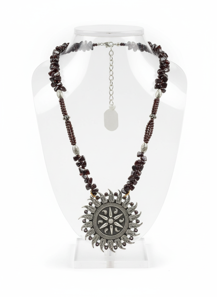 Krishnacrafts Sterling Silver Sunburst Garnet Statement Necklace