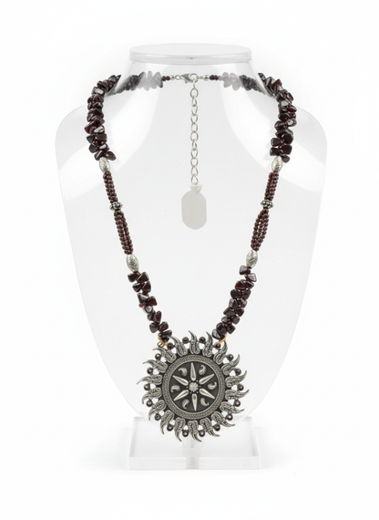 Krishnacrafts Sterling Silver Sunburst Garnet Statement Necklace