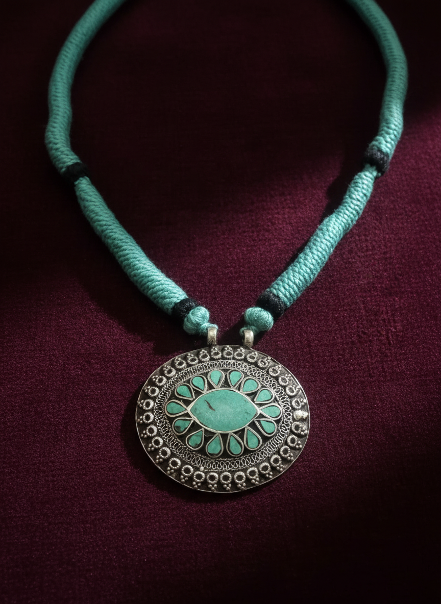 KrishnaCrafts Sterling Silver Turquoise Floral Statement Pendant Necklace Mala