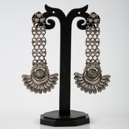 Krishnacrafts Sterling Silver Handcrafted Peacock Jhumka with Green Bead Drops.