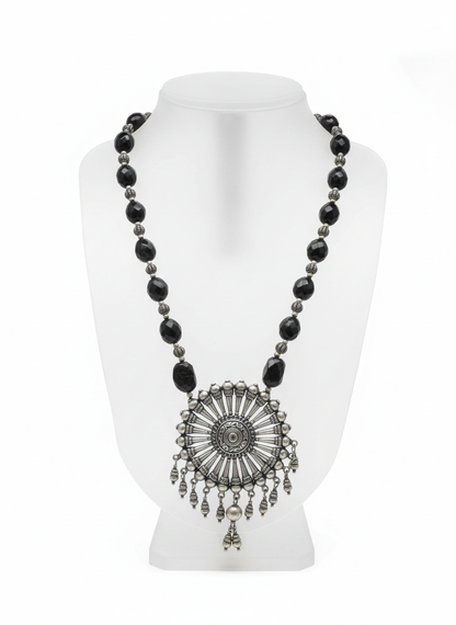 KrishnaCrafts Sterling Silver Handcrafted Midnight Radiance Oxidized Silver Statement Necklace