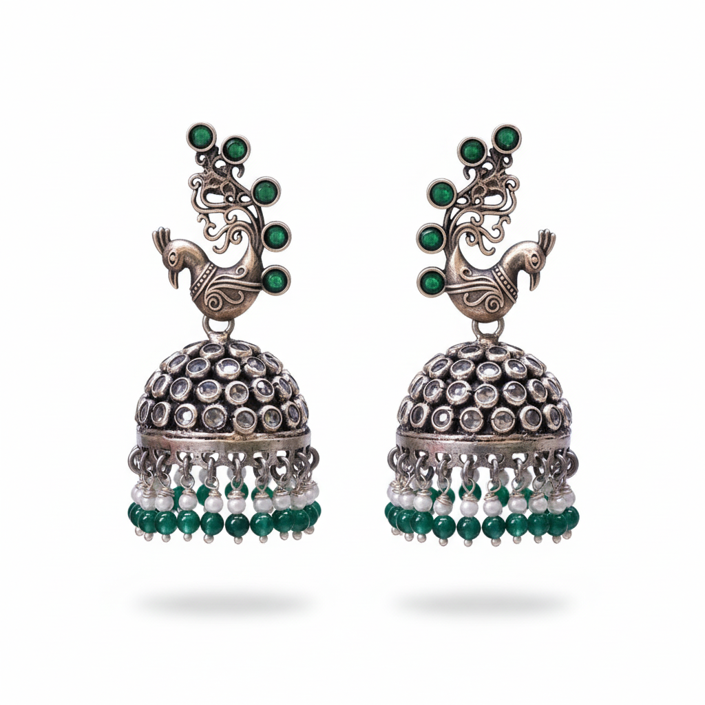 Krishnacrafts Sterling Silver Handcrafted Peacock Jhumka with Green Bead Drops.