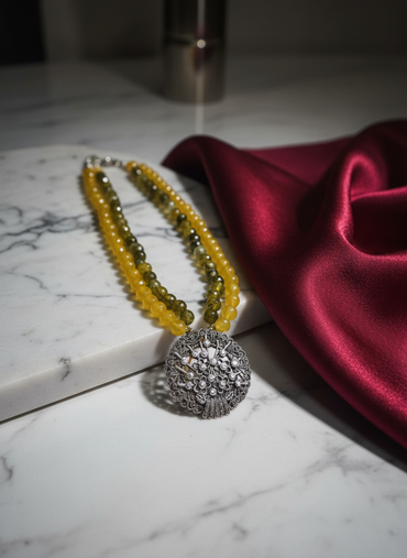 KrishnaCrafts Sterling Silver Handcrafted Dual Tone Beaded Necklace with Oxidised Floral Pendant