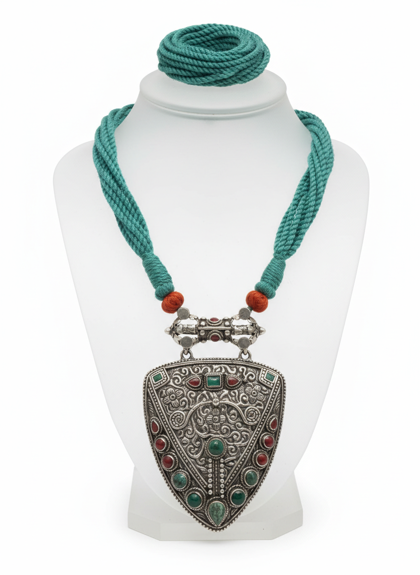 KrishnaCrafts Sterling Silver Handcrafted Tribal Antique Silver Statement Pendant Necklace