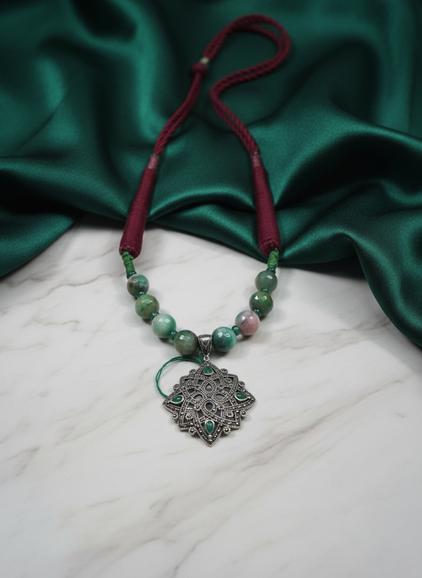 KrishnaCrafts Sterling Silver Green Stone Beaded Pendant Necklace with Antique Silver Charm