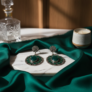 Krishnacrafts Sterling Silver Danglers with Green Stones