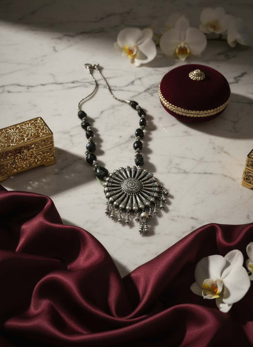 KrishnaCrafts Sterling Silver Handcrafted Midnight Radiance Oxidized Silver Statement Necklace