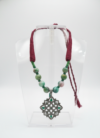KrishnaCrafts Sterling Silver Green Stone Beaded Pendant Necklace with Antique Silver Charm