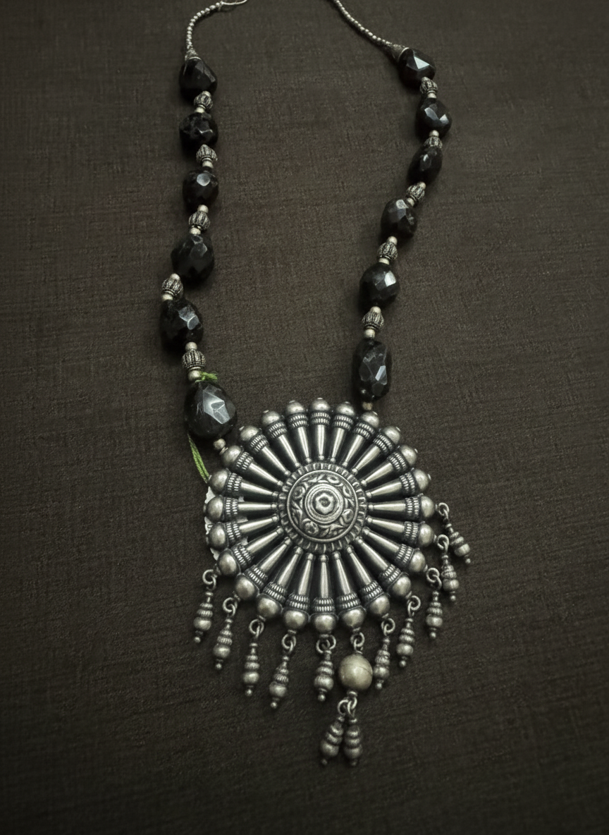KrishnaCrafts Sterling Silver Handcrafted Midnight Radiance Oxidized Silver Statement Necklace