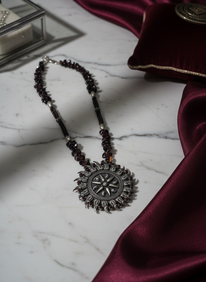 Krishnacrafts Sterling Silver Sunburst Garnet Statement Necklace