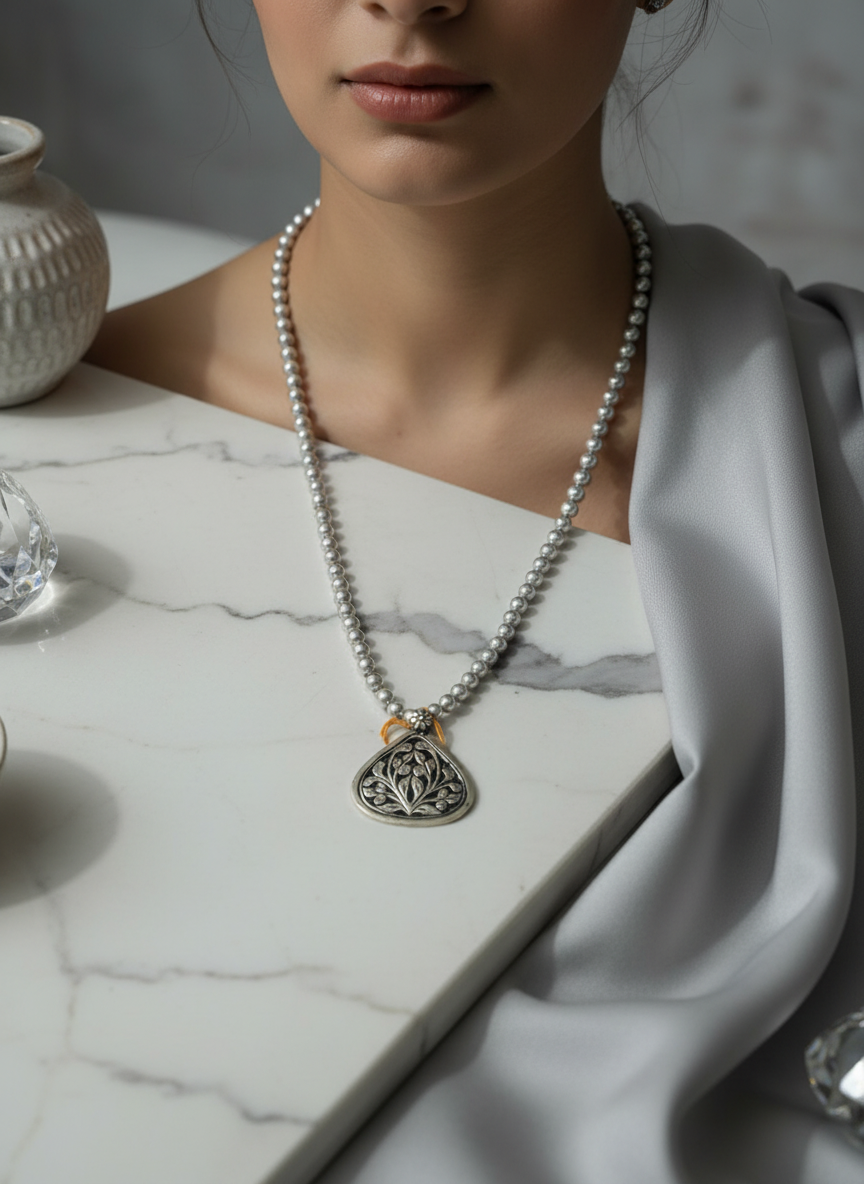 KrishnaCrafts Necklace Mala with metallic beads and Sterling silver Pendant