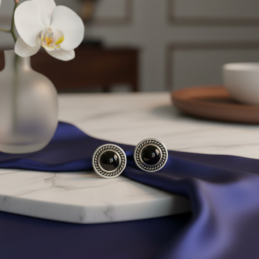 Krishnacrafts black stone earring studs beautifully framed in a silver circle