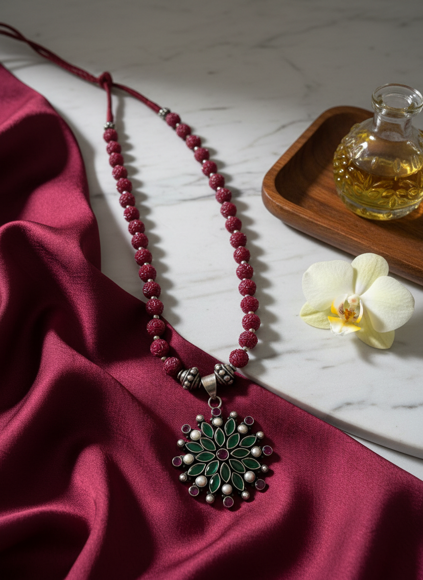 KrishnaCrafts Handcrafted  Sterling Silver Necklace Mala with Green stone Floral Setting Pendant