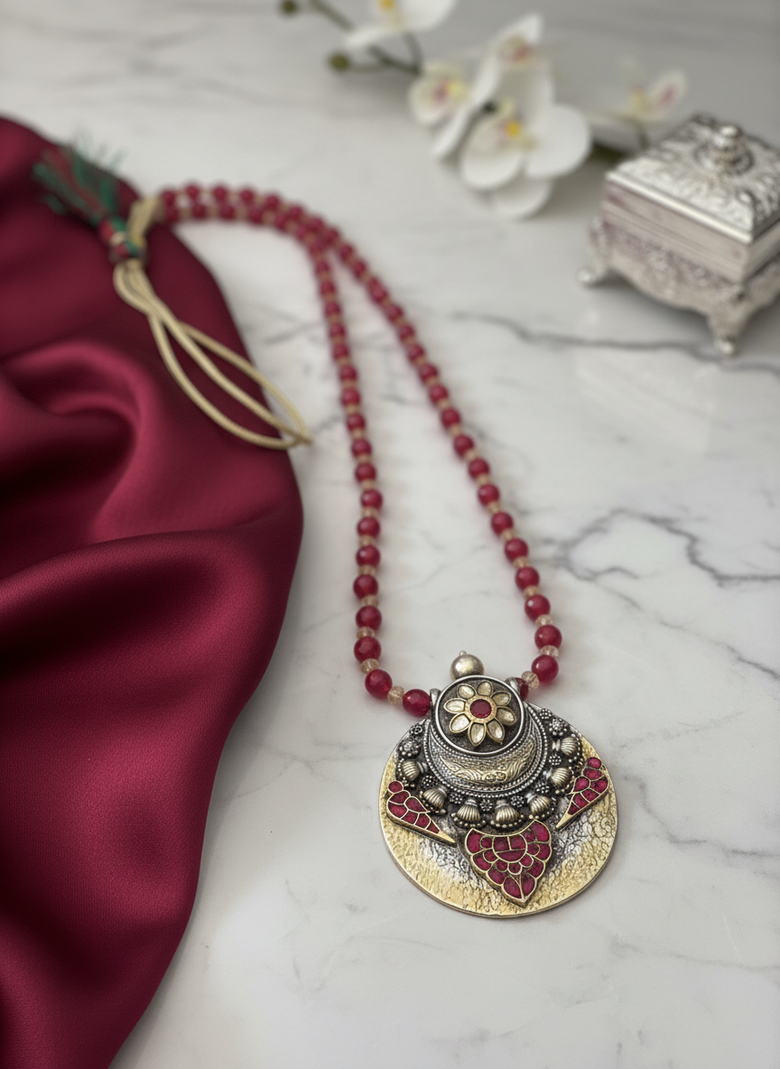 KrishnaCrafts Handcrafted Sterling Silver Necklace  Bead Mala with  Modern Pendant