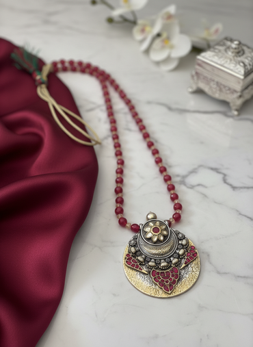 KrishnaCrafts Handcrafted Sterling Silver Necklace  Bead Mala with  Modern Pendant