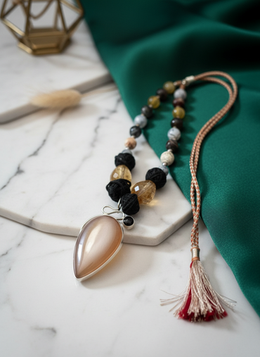 KrishnaCrafts Handcrafted Sterling Silver  Pendant Set in natural stone set in Silver  encased designed box with colorful  Bead Mala