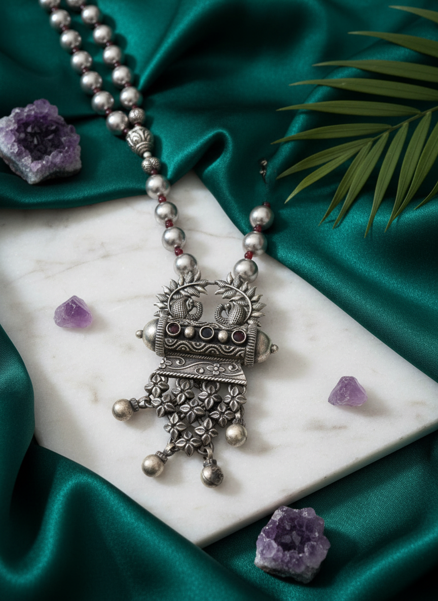 KrishnaCrafts Handcrafted Sterling Silver Tribal  Design Pendant  with white Bead Mala