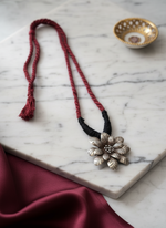 KrishnaCrafts Handcrafted Sterling Silver Necklace  Bead Mala with  Floral Silver Leaf  Pendant