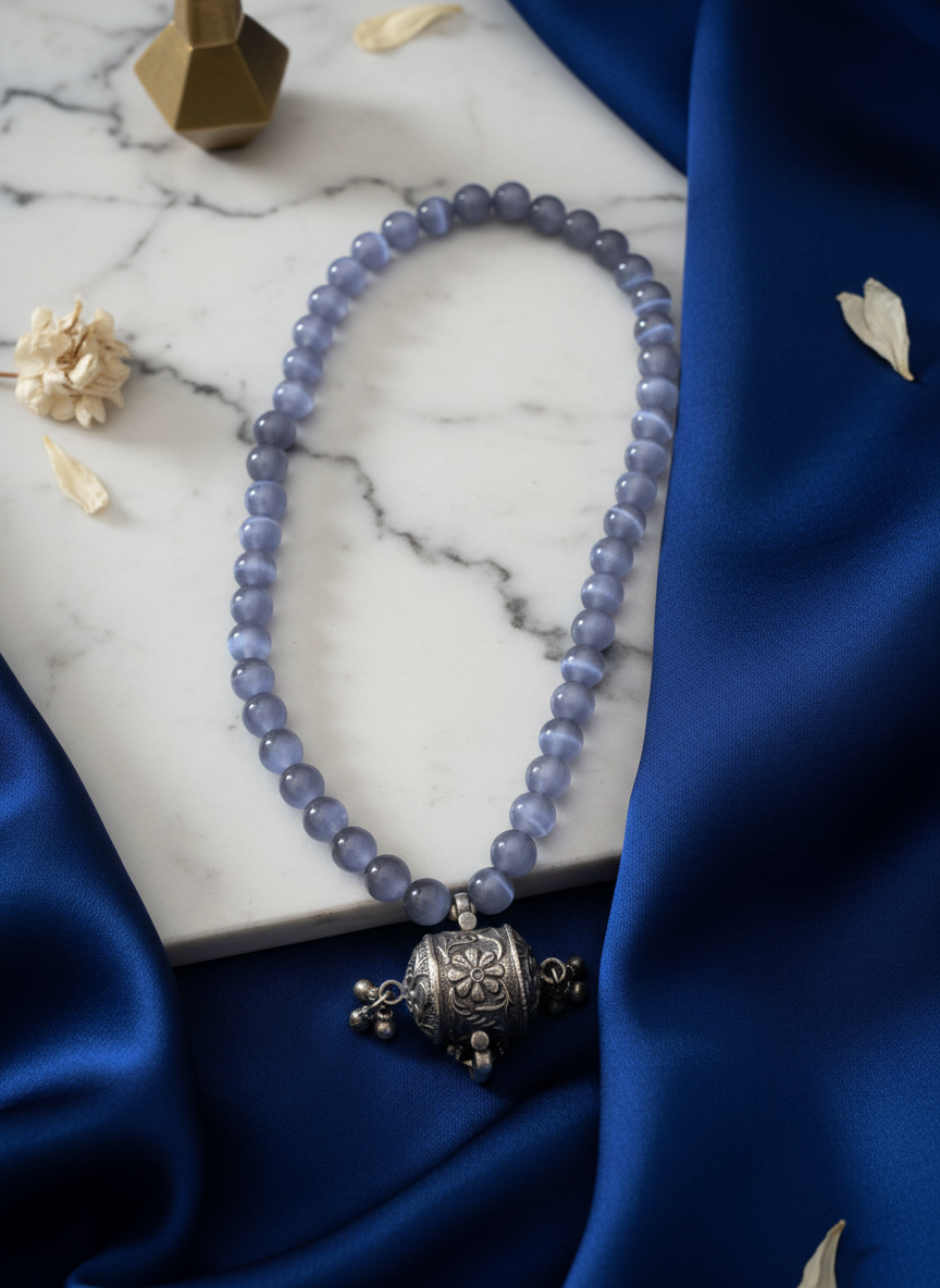 KrishnaCrafts Handcrafted Sterling Silver Necklace Blue Bead Mala with  Pendant