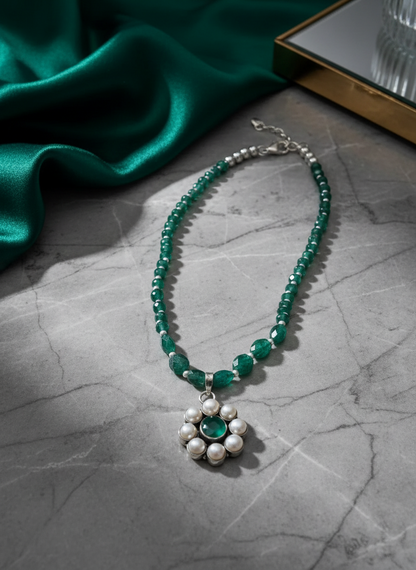 KrishnaCrafts Handcrafted  Sterling Silver  Emerald Bloom  Pendant Necklace