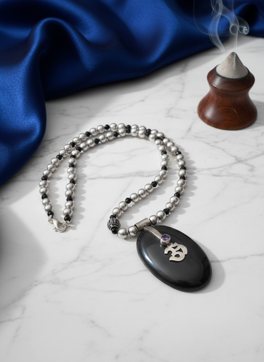 KrishnaCrafts Handcrafted  Sterling Silver  Sacred Om Black Onyx  Pendant Necklace