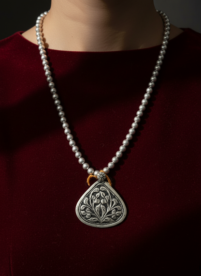 KrishnaCrafts Necklace Mala with metallic beads and Sterling silver Pendant