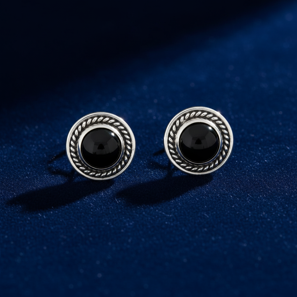 Krishnacrafts black stone earring studs beautifully framed in a silver circle
