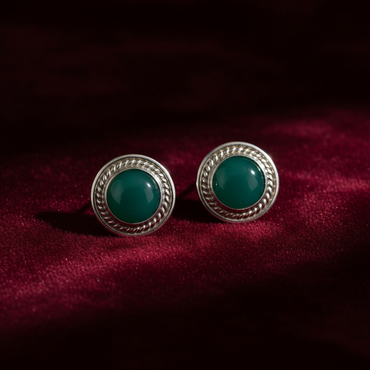 Krishnacrafts stud earring with green stone with outer silver circle