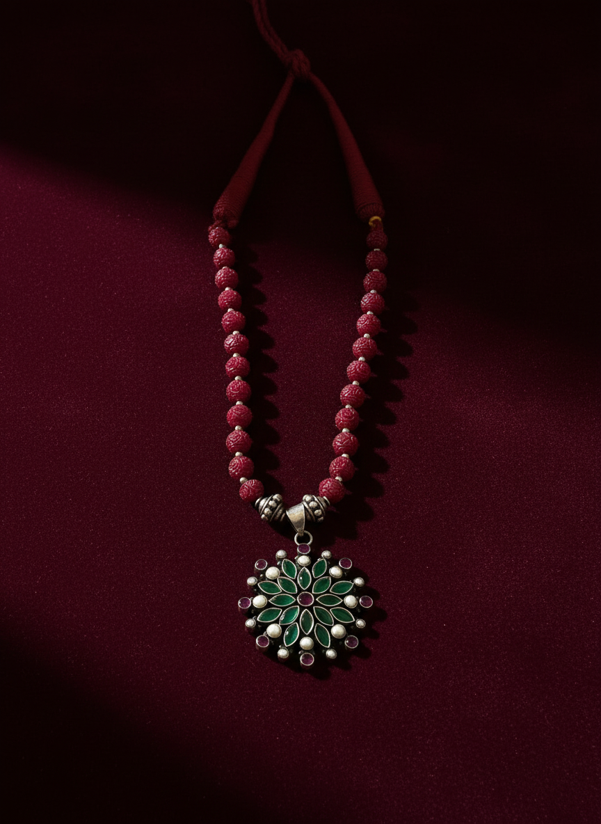 KrishnaCrafts Handcrafted  Sterling Silver Necklace Mala with Green stone Floral Setting Pendant