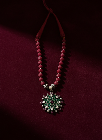 KrishnaCrafts Handcrafted  Sterling Silver Necklace Mala with Green stone Floral Setting Pendant