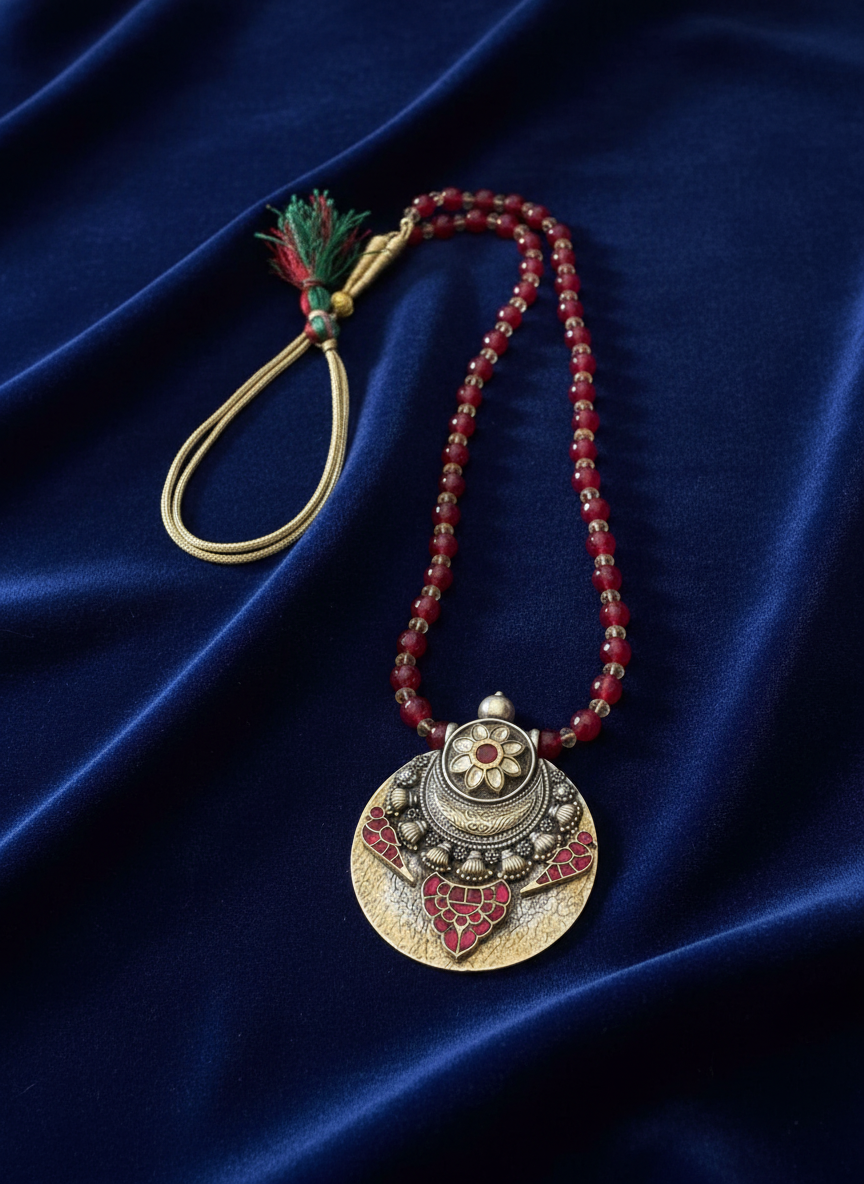 KrishnaCrafts Handcrafted Sterling Silver Necklace  Bead Mala with  Modern Pendant