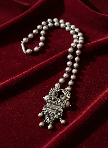 KrishnaCrafts Handcrafted Sterling Silver Tribal  Design Pendant  with white Bead Mala