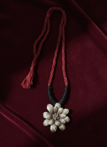 KrishnaCrafts Handcrafted Sterling Silver Necklace  Bead Mala with  Floral Silver Leaf  Pendant