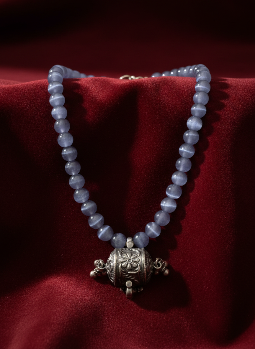 KrishnaCrafts Handcrafted Sterling Silver Necklace Blue Bead Mala with  Pendant