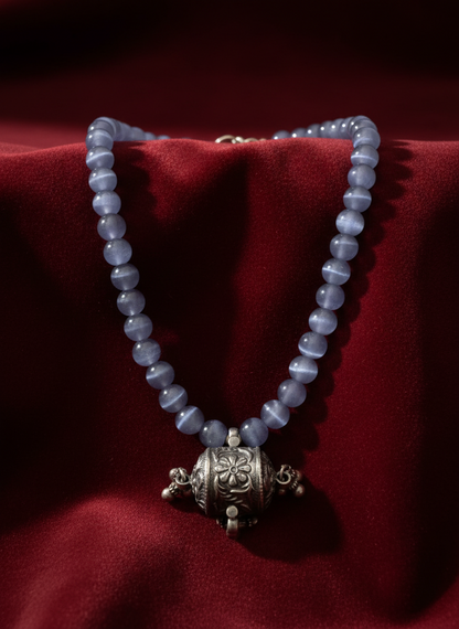 KrishnaCrafts Handcrafted Sterling Silver Necklace Blue Bead Mala with  Pendant