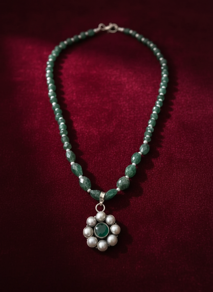 KrishnaCrafts Handcrafted  Sterling Silver  Emerald Bloom  Pendant Necklace