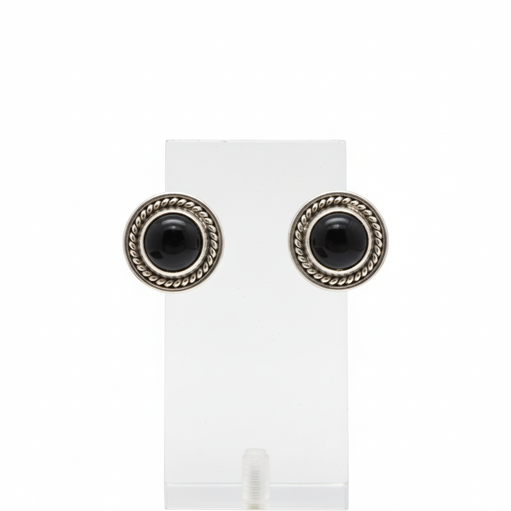 Krishnacrafts black stone earring studs beautifully framed in a silver circle