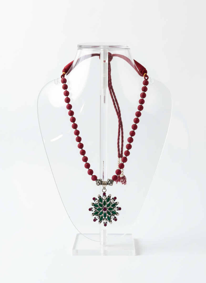 KrishnaCrafts Handcrafted  Sterling Silver Necklace Mala with Green stone Floral Setting Pendant