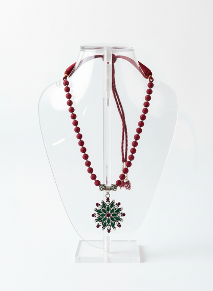 KrishnaCrafts Handcrafted  Sterling Silver Necklace Mala with Green stone Floral Setting Pendant