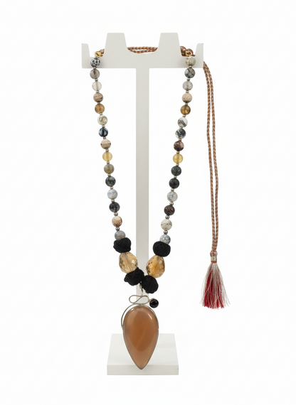 KrishnaCrafts Handcrafted Sterling Silver  Pendant Set in natural stone set in Silver  encased designed box with colorful  Bead Mala