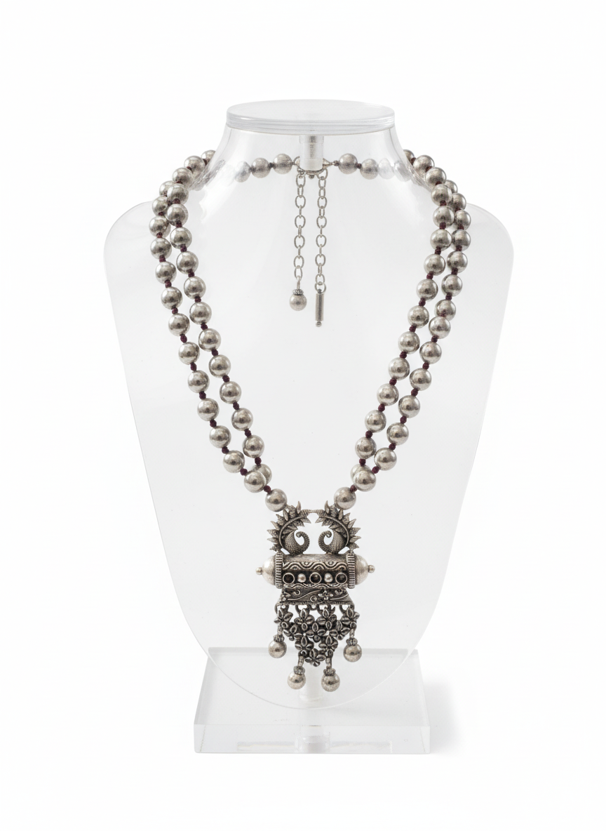 KrishnaCrafts Handcrafted Sterling Silver Tribal  Design Pendant  with white Bead Mala