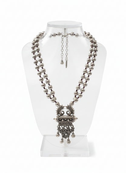 KrishnaCrafts Handcrafted Sterling Silver Tribal  Design Pendant  with white Bead Mala