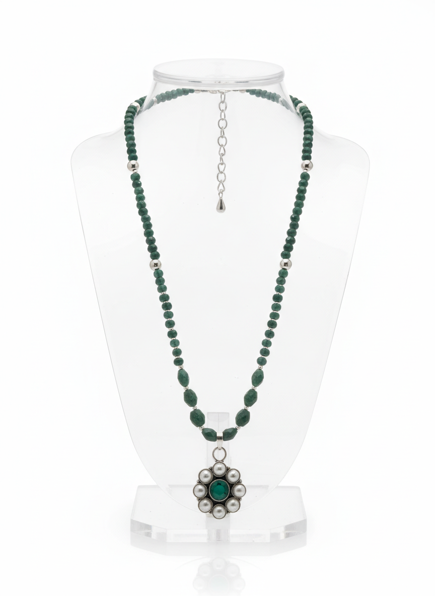 KrishnaCrafts Handcrafted  Sterling Silver  Emerald Bloom  Pendant Necklace