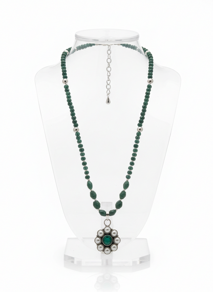 KrishnaCrafts Handcrafted  Sterling Silver  Emerald Bloom  Pendant Necklace