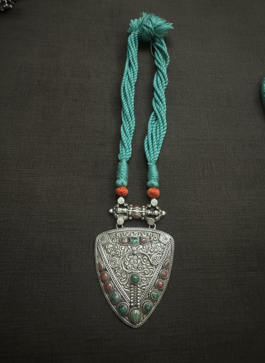 KrishnaCrafts Sterling Silver Handcrafted Tribal Antique Silver Statement Pendant Necklace