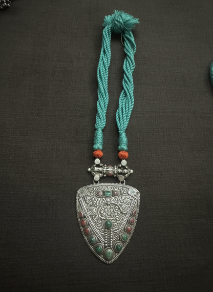 KrishnaCrafts Sterling Silver Handcrafted Tribal Antique Silver Statement Pendant Necklace